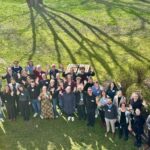 Gruppenfoto von wnkenden Menschen auf einer Wiese aus Vogelperspektive