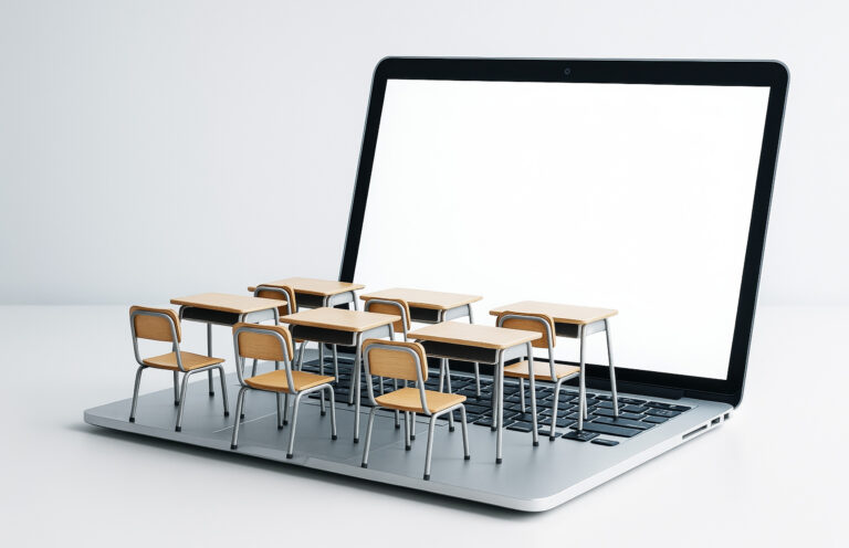 auf einem stilisierten Laptop stehen Schultische und -bänke