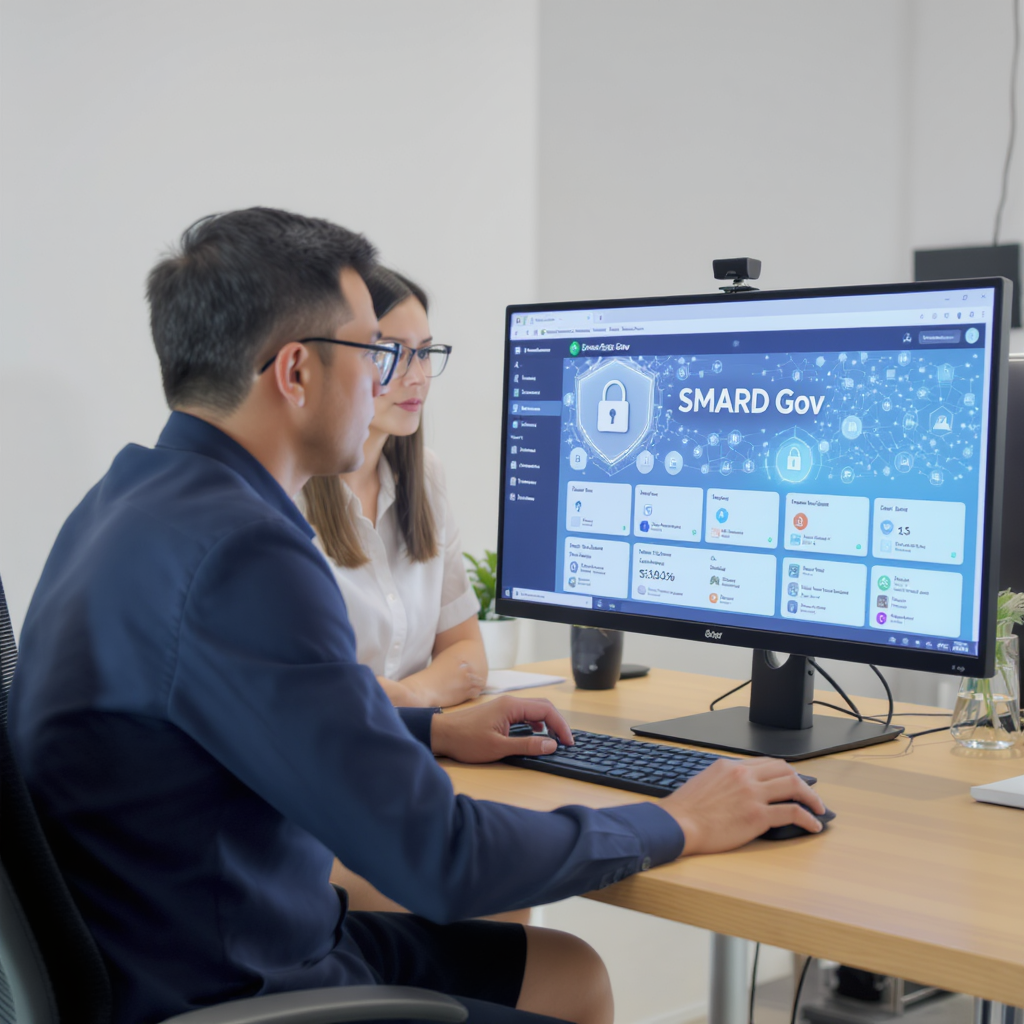 Zwei Personen sitzen vor einem Bildschirm auf dem die SMARD-Gov-Plattform zu sehen ist