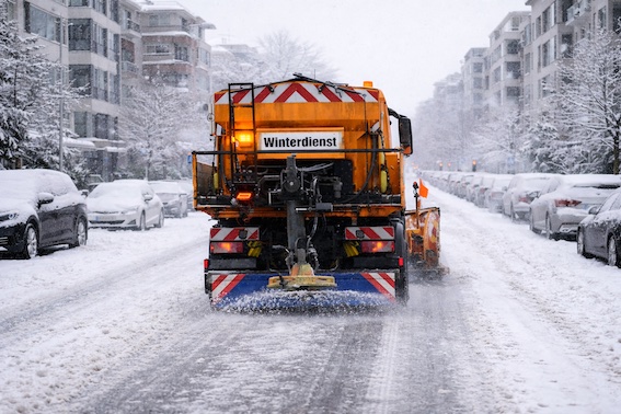 Räumfahrzeug auf einer verschneiten Straße in einer Stadt