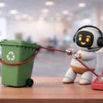 KI-Voicebot Sonny fängt eine Mülltonne mit dem Kabel eines Telefons als Lasso ein