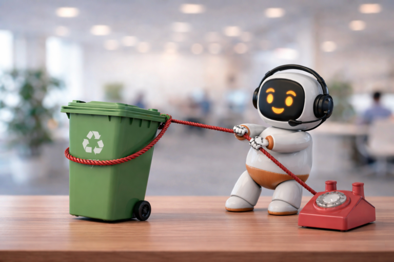 KI-Voicebot Sonny fängt eine Mülltonne mit dem Kabel eines Telefons als Lasso ein