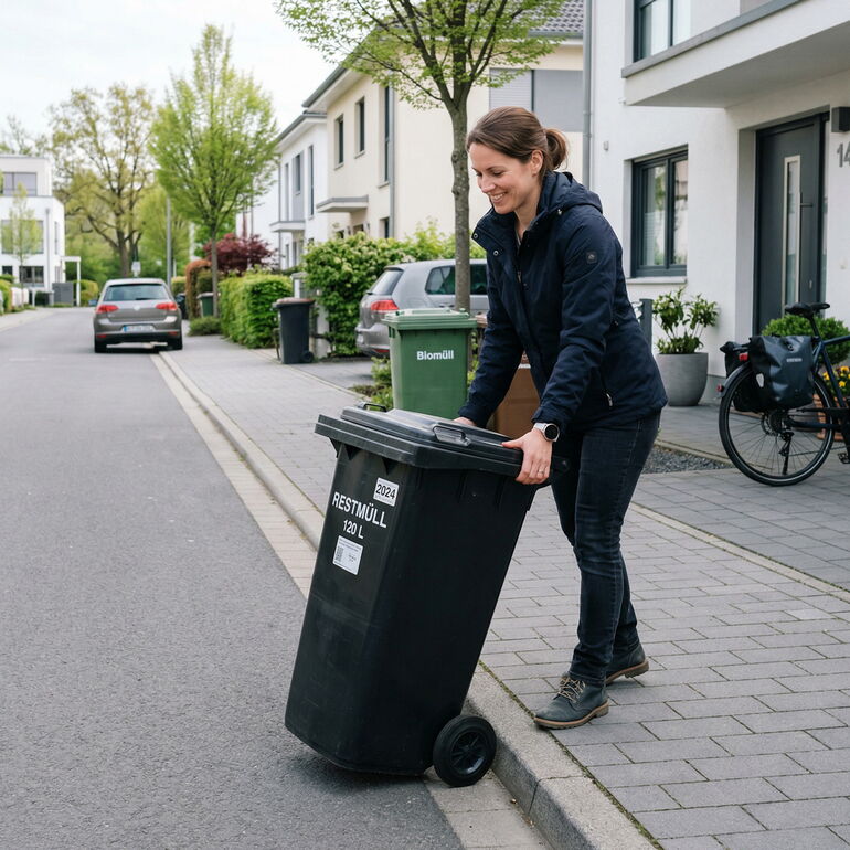 eine Frau schiebt eine Restabfalltonne auf die Straße