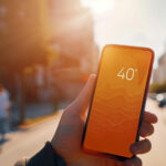 Hand mit einem Smartphone auf dem die Temperatur mit 40 Grad Celsius angegeben wird