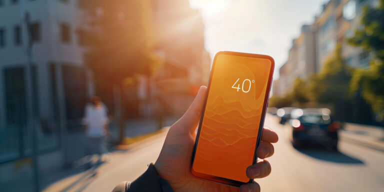 Hand mit einem Smartphone auf dem die Temperatur mit 40 Grad Celsius angegeben wird