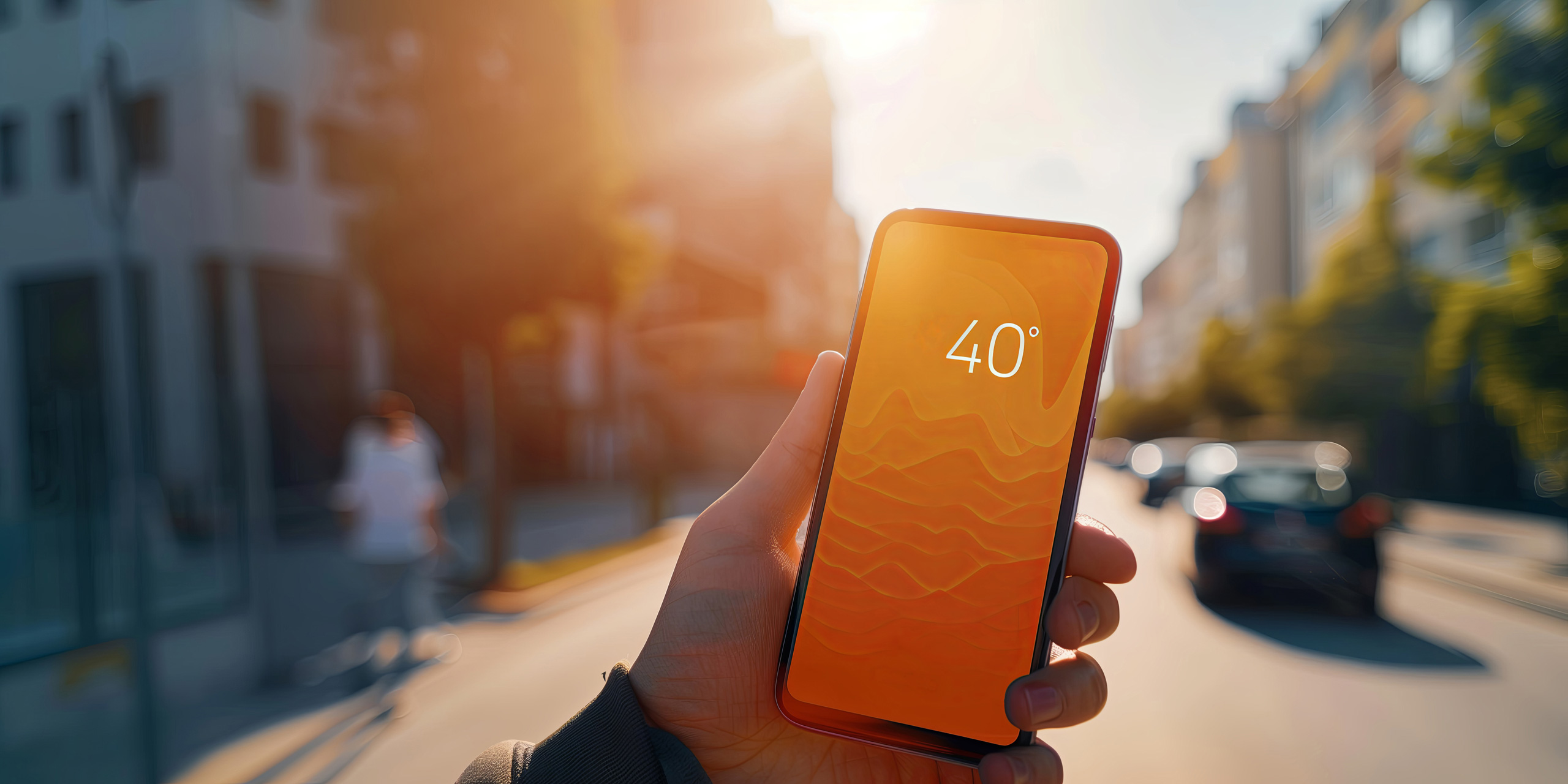 Hand mit einem Smartphone auf dem die Temperatur mit 40 Grad Celsius angegeben wird