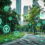 Stadt, Bäume und Internet of Things Sensorien Symbolisch