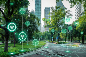 Stadt, Bäume und Internet of Things Sensorien Symbolisch