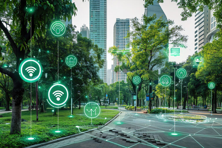 Stadt, Bäume und Internet of Things Sensorien Symbolisch