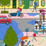 eine Zeichnung zeigt eine überflutete Straße bei Regen und viele menschen, die mit Schirm unterwegs sind