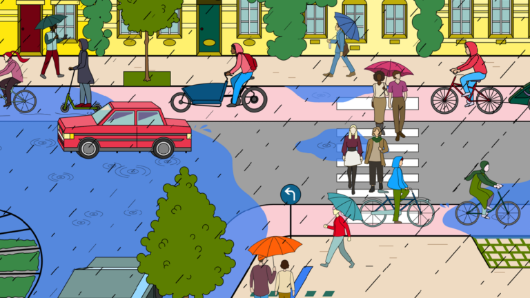 eine Zeichnung zeigt eine überflutete Straße bei Regen und viele menschen, die mit Schirm unterwegs sind