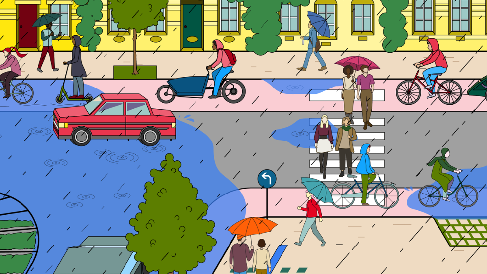 eine Zeichnung zeigt eine überflutete Straße bei Regen und viele menschen, die mit Schirm unterwegs sind