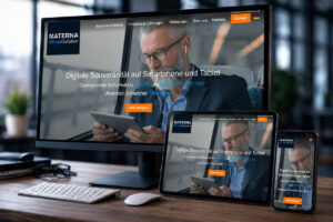 Verschiedene Devices stehen nebeneinander auf einem edlen Schreibtscih, alle zeigen die Starpage von Materna Virual Solution.