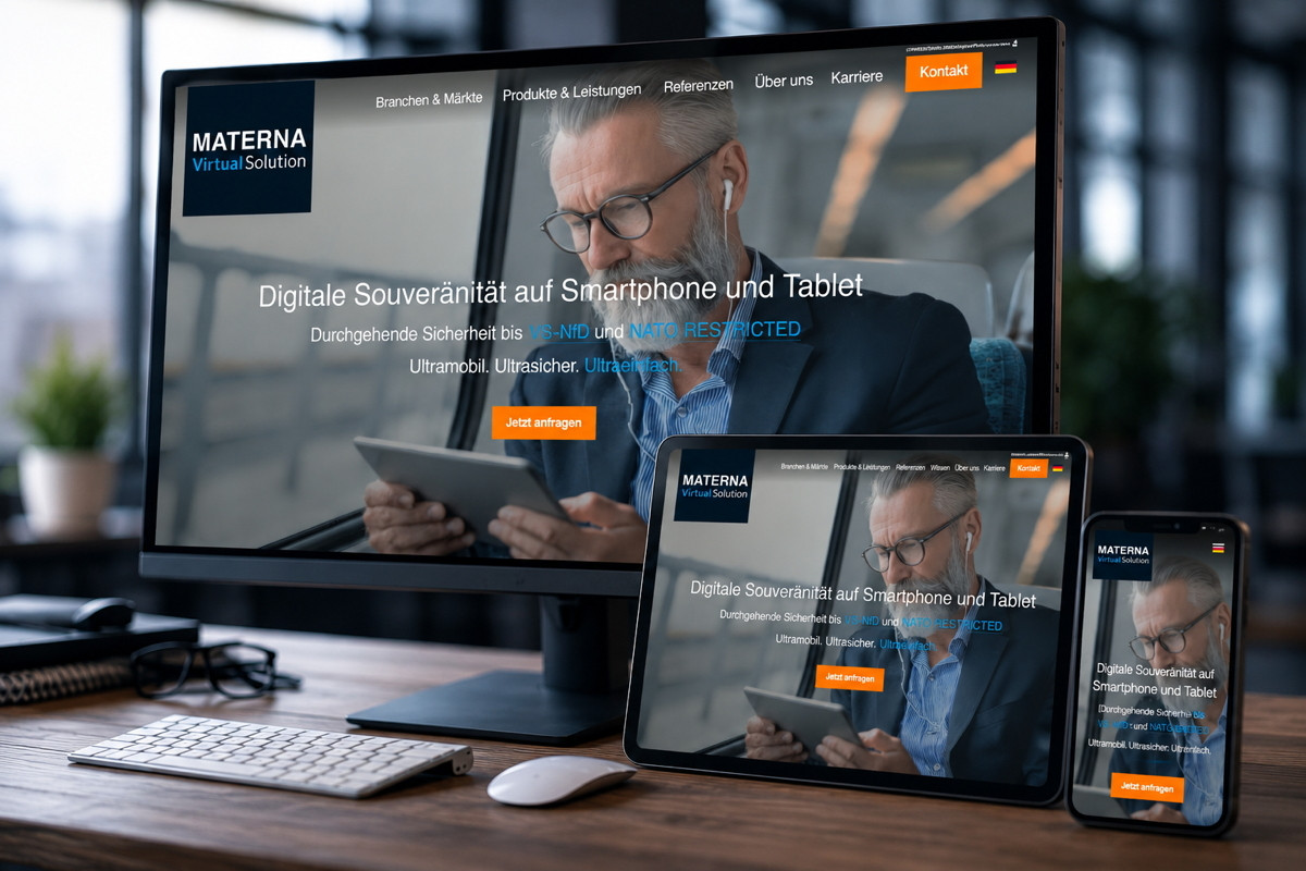 Verschiedene Devices stehen nebeneinander auf einem edlen Schreibtscih, alle zeigen die Starpage von Materna Virual Solution.