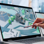 Auf einem Monitor ist der Digitale Zwilling einer Stadt zu sehen