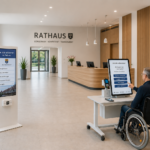Mann im Rollstuhl bedient ein Self-Service-System in einem Rathaus