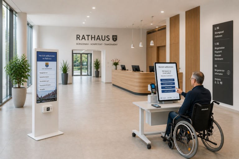 Mann im Rollstuhl bedient ein Self-Service-System in einem Rathaus