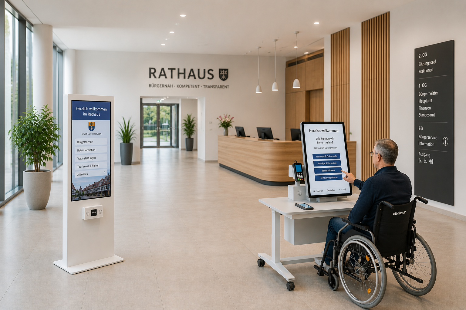 Mann im Rollstuhl bedient ein Self-Service-System in einem Rathaus