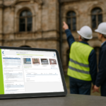 Zwei Personen mit Bauhelm vor einem Gebäude, im Vordergrund ein Laptop mit der PLAN4 Software