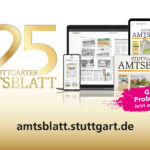 Kampagnenmotiv von „125 Jahre Stuttgarter Amtsblatt“ in goldenem Design. Auf der rechten Seite sieht man Leseproben auf verschiedenen digitalen Endgeräten und der Printausgabe.