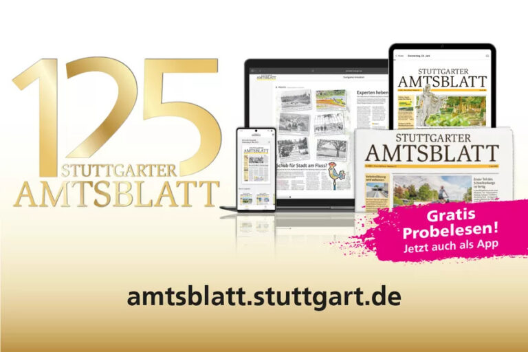 Kampagnenmotiv von „125 Jahre Stuttgarter Amtsblatt“ in goldenem Design. Auf der rechten Seite sieht man Leseproben auf verschiedenen digitalen Endgeräten und der Printausgabe.