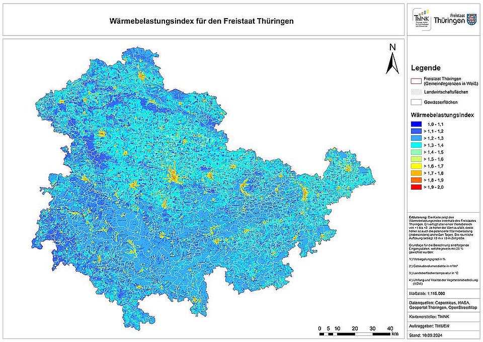 Karte des Landes Thüringen, größtenteils in Blau- und Cyantönen
