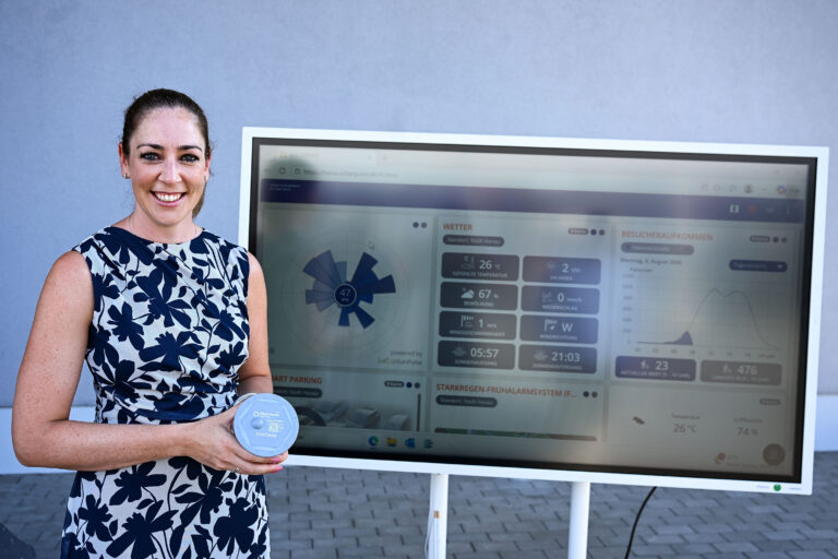 Lächelnde Frau im geblümten Sommerkleid vor einem großen Monitor.