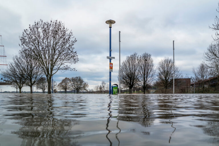 Überschwemmtes Gebiet, im Vordergrund eine Wasserfläche, hinten Bäume und Verkehrszeichen