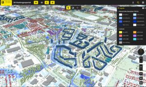3D-Visualisierung der von Überflutung betroffenen Gebiete bei einem 100-jährlichen Starkregenereignis im Digitalen Zwilling der Stadt Dresden.