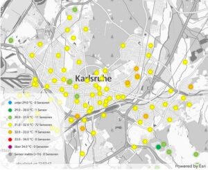 Kartenansicht in Grau mit gelben, grünen und orangenen Punkten.