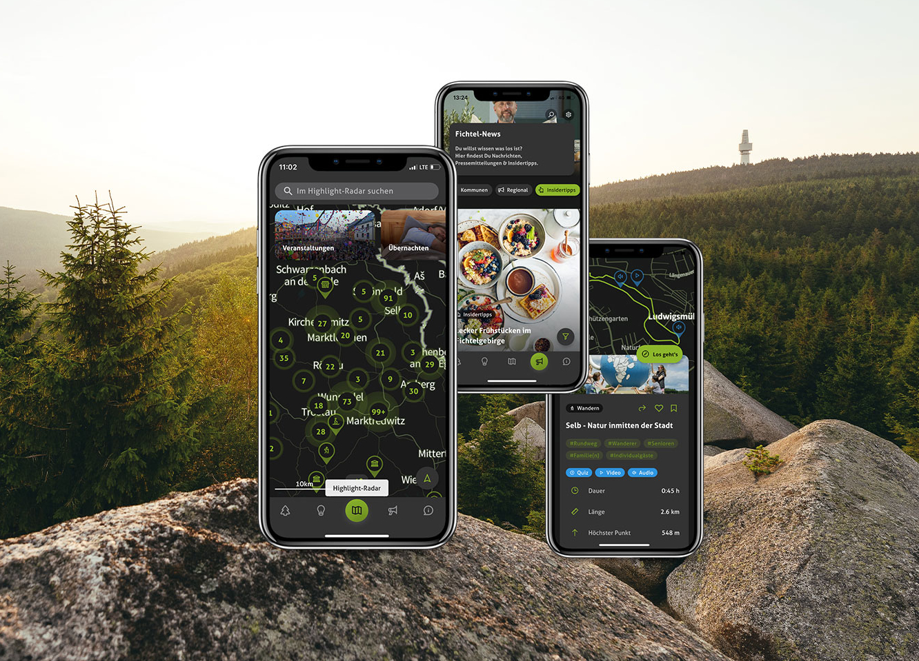 Drei verschiedene Screenshots der App