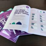 Mehrere gedruckte Ausgaben des eGovernment Monitor 2026 liegen auf einem Tisch, oberstes Heft ist aufgeschlagen