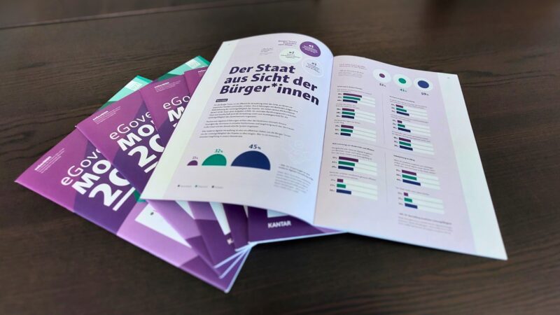 Mehrere gedruckte Ausgaben des eGovernment Monitor 2026 liegen auf einem Tisch, oberstes Heft ist aufgeschlagen