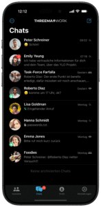 Smartphone-Ansicht des sicheren Messengers Threema Work mit einer Übersicht verschiedener Einzel- und Gruppenchats.
