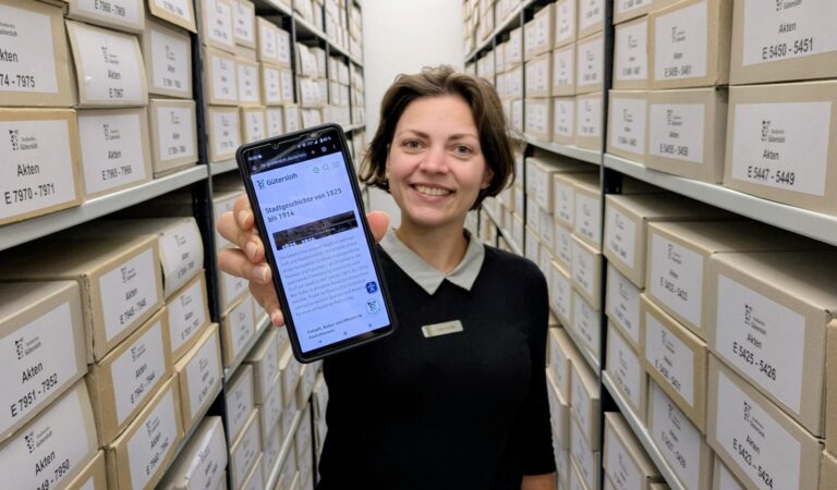 Junge Frau zwischen Archivregalen streckt ihr Handy Richtung Kamera