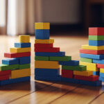 bunte Holztürme, die nebeneinander auf einem Holzfußboden stehen