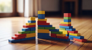 bunte Holztürme, die nebeneinander auf einem Holzfußboden stehen