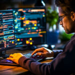ein Mann sitzt vor zwei Monitoren auf denen Code zu sehen ist