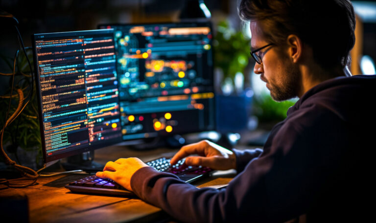 ein Mann sitzt vor zwei Monitoren auf denen Code zu sehen ist