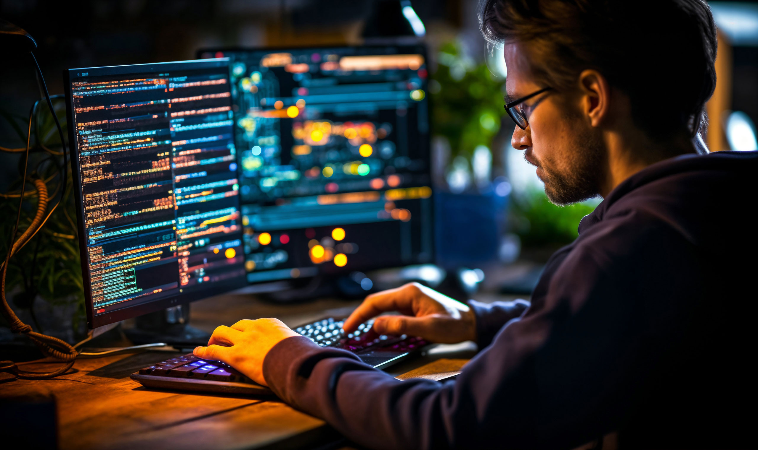 ein Mann sitzt vor zwei Monitoren auf denen Code zu sehen ist