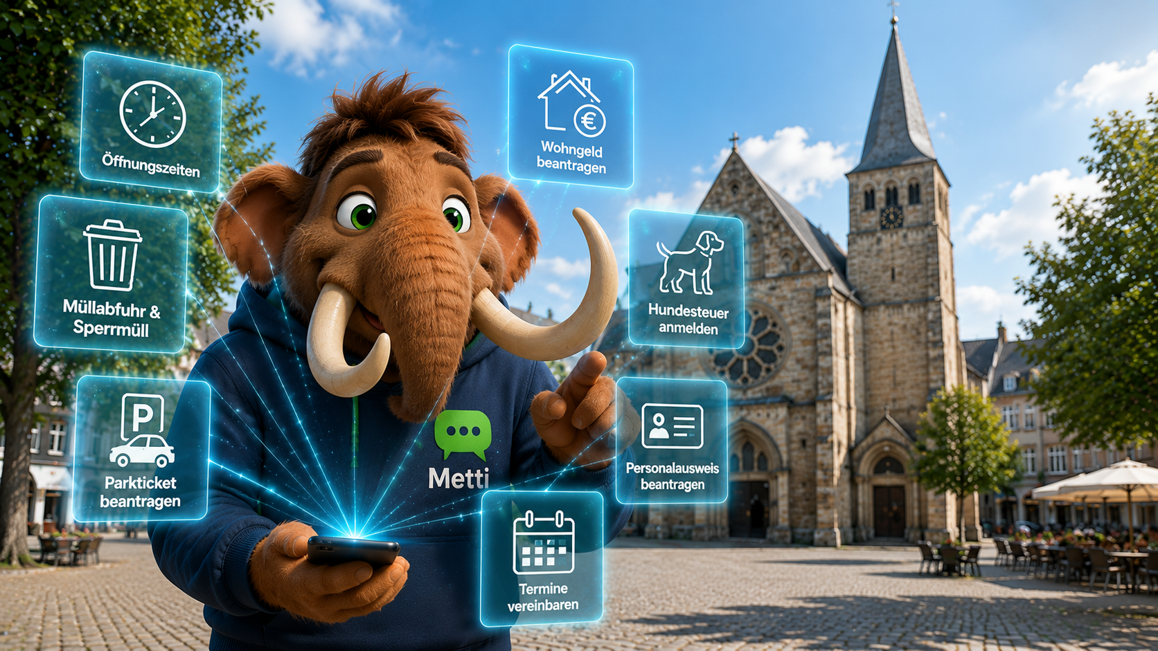 Symbolfoto: KI-Assistent Metti in Gestalt eines jungen Mammuts mit einem handy in der Hand vor einer Stadtansicht von Mettmann